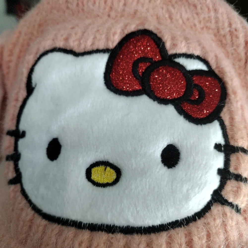 Hello Kitty Pink Knit Beanie with Pom Poms and Red Glitter Bow EARS MOVE! NEW!